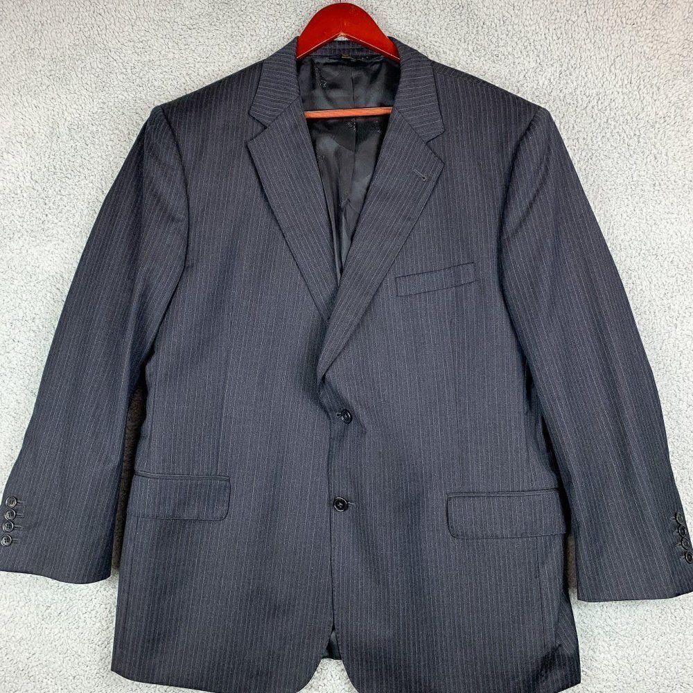Jos A Bank Blazer Mens 48R Black Blue Pinstripe Wool Signature Gold Suit Jacket